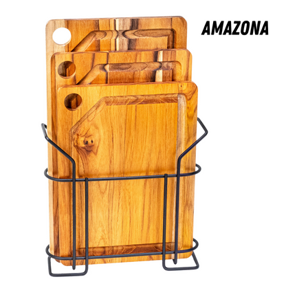 Set 3 Taglieri in Legno Teak Naturale, AMAZONA, Reversibile, 3 Misure, Supporto Incluso, Tagliere Cucina e Barbecue, Fessura Succhi
