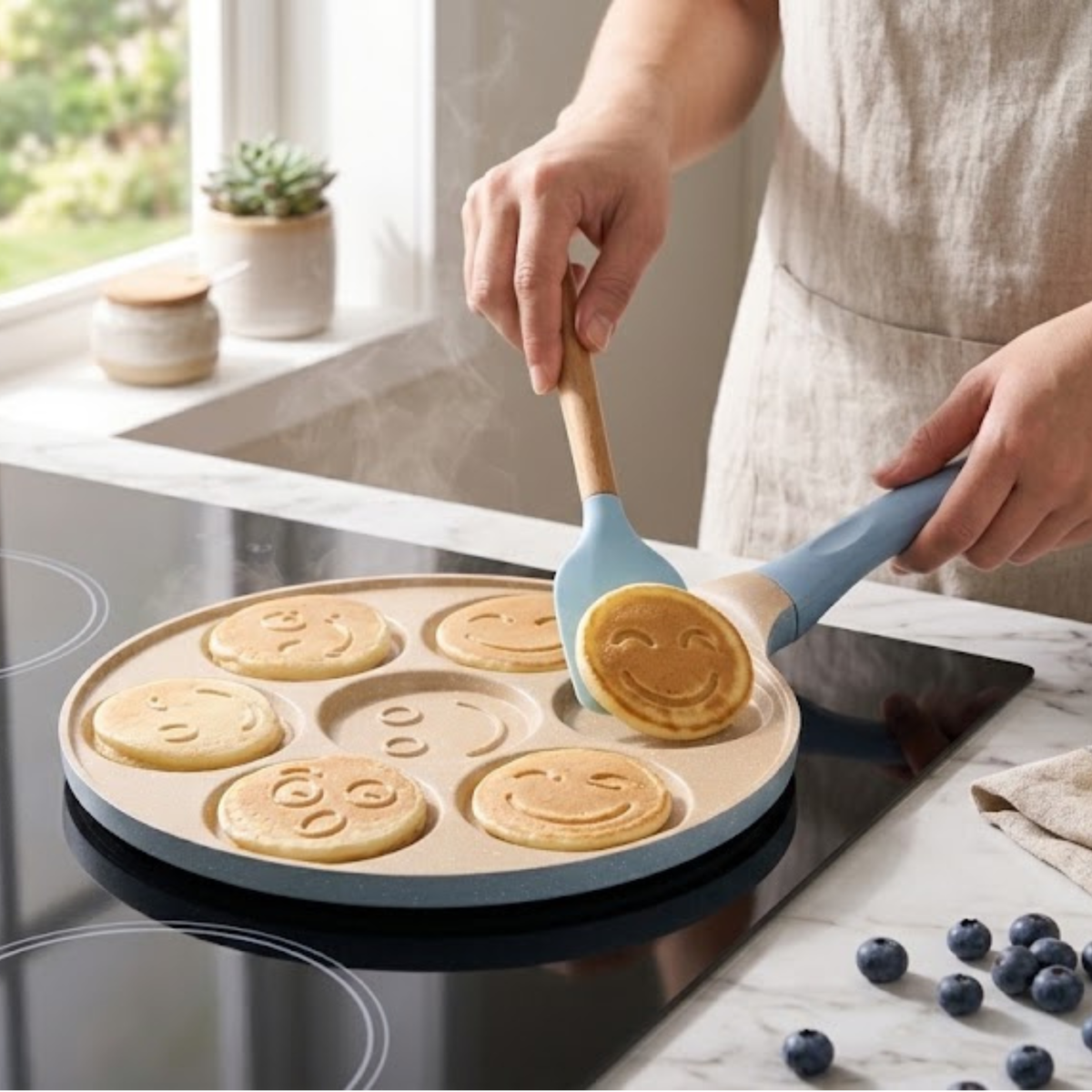 Padella per pancake con design faccine in blu