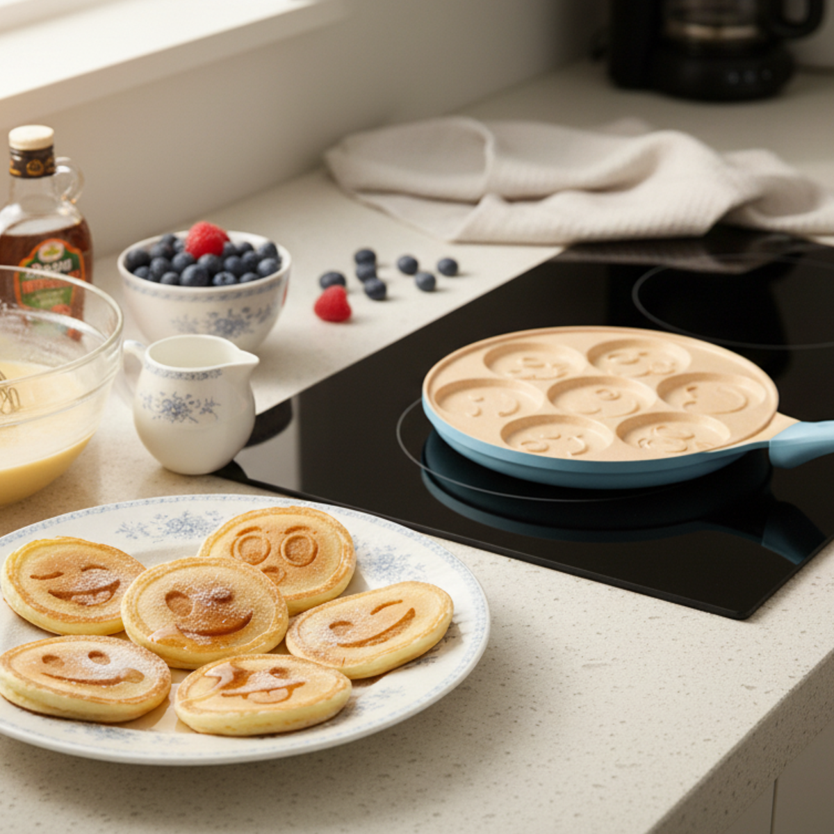 Padella per pancake con design faccine in blu