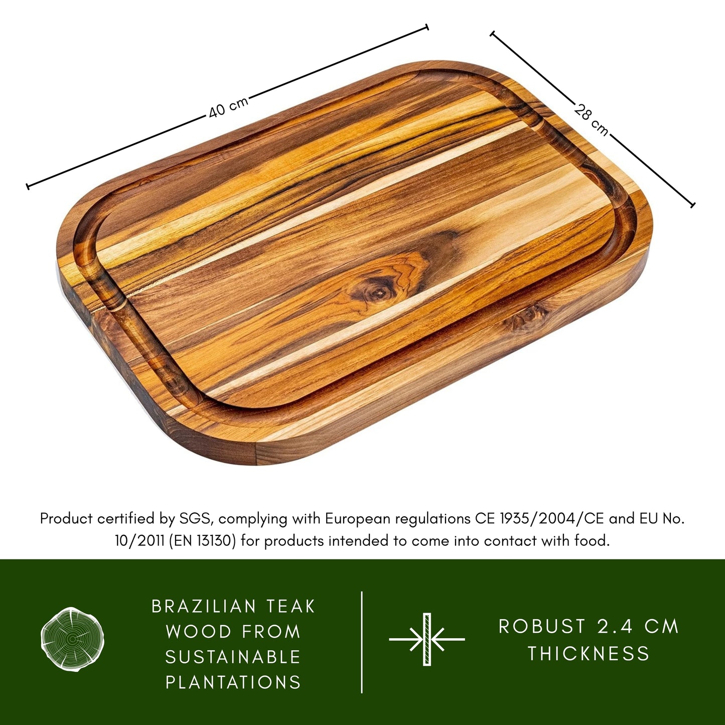 NEW ARRIVAL Tabla de Cortar en Madera de Teca Natural MIAMI, reversible, grande y resistente, ideal para servir embutidos, carne, barbacoa, queso y pan, con ranura (40×28×2.4 cm)