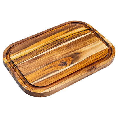 NEW ARRIVAL Tabla de Cortar en Madera de Teca Natural MIAMI, reversible, grande y resistente, ideal para servir embutidos, carne, barbacoa, queso y pan, con ranura (40×28×2.4 cm)