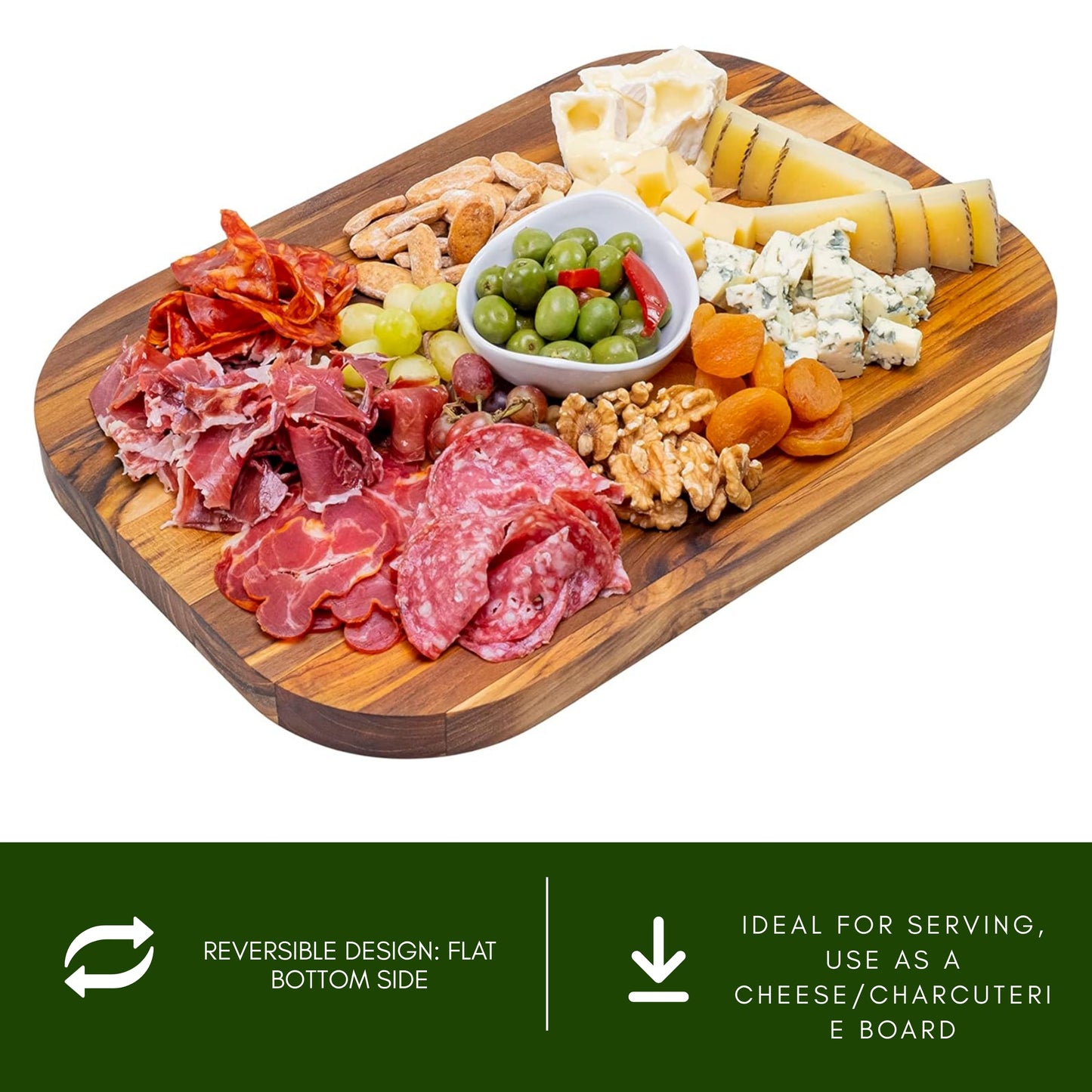 NEW ARRIVAL Tabla de Cortar en Madera de Teca Natural MIAMI, reversible, grande y resistente, ideal para servir embutidos, carne, barbacoa, queso y pan, con ranura (40×28×2.4 cm)