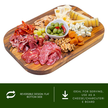 NEW ARRIVAL Tabla de Cortar en Madera de Teca Natural MIAMI, reversible, grande y resistente, ideal para servir embutidos, carne, barbacoa, queso y pan, con ranura (40×28×2.4 cm)