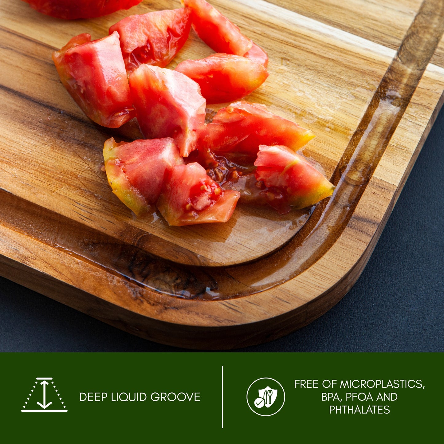 NEW ARRIVAL Tabla de Cortar en Madera de Teca Natural MIAMI, reversible, grande y resistente, ideal para servir embutidos, carne, barbacoa, queso y pan, con ranura (40×28×2.4 cm)