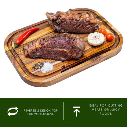 NEW ARRIVAL Tabla de Cortar en Madera de Teca Natural MIAMI, reversible, grande y resistente, ideal para servir embutidos, carne, barbacoa, queso y pan, con ranura (40×28×2.4 cm)