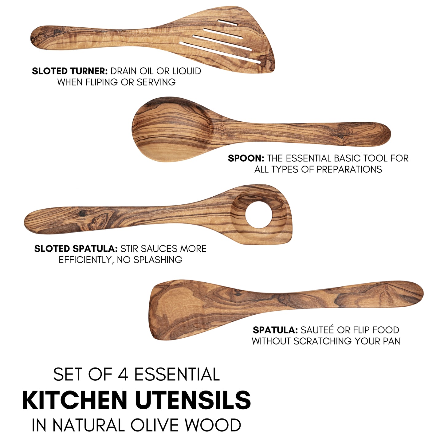 Juego de Utensilios de Cocina en Madera de Olivo Natural, set artesanal de 4 piezas, cuchara y espátulas, diseño mediterráneo hecho a mano