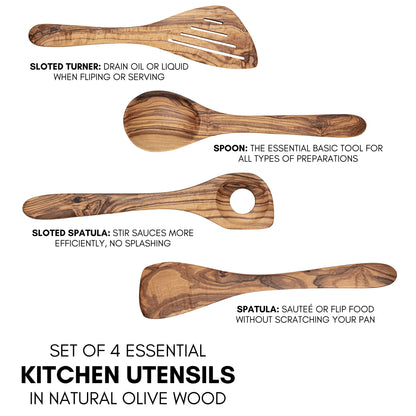 Juego de Utensilios de Cocina en Madera de Olivo Natural, set artesanal de 4 piezas, cuchara y espátulas, diseño mediterráneo hecho a mano