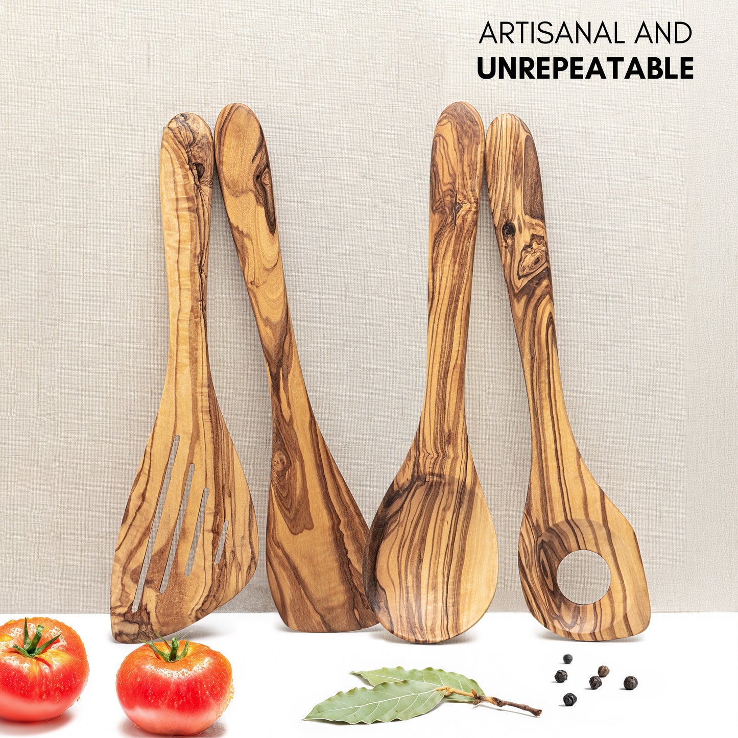 Juego de Utensilios de Cocina en Madera de Olivo Natural, set artesanal de 4 piezas, cuchara y espátulas, diseño mediterráneo hecho a mano