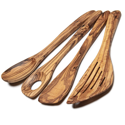 Juego de Utensilios de Cocina en Madera de Olivo Natural, set artesanal de 4 piezas, cuchara y espátulas, diseño mediterráneo hecho a mano