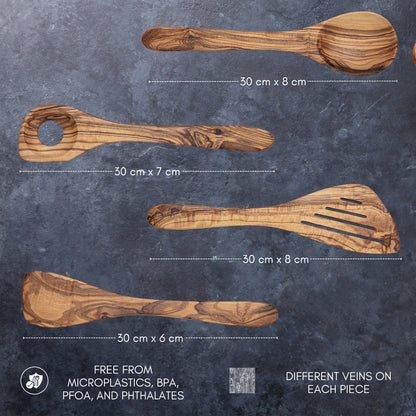 Juego de Utensilios de Cocina en Madera de Olivo Natural, set artesanal de 4 piezas, cuchara y espátulas, diseño mediterráneo hecho a mano