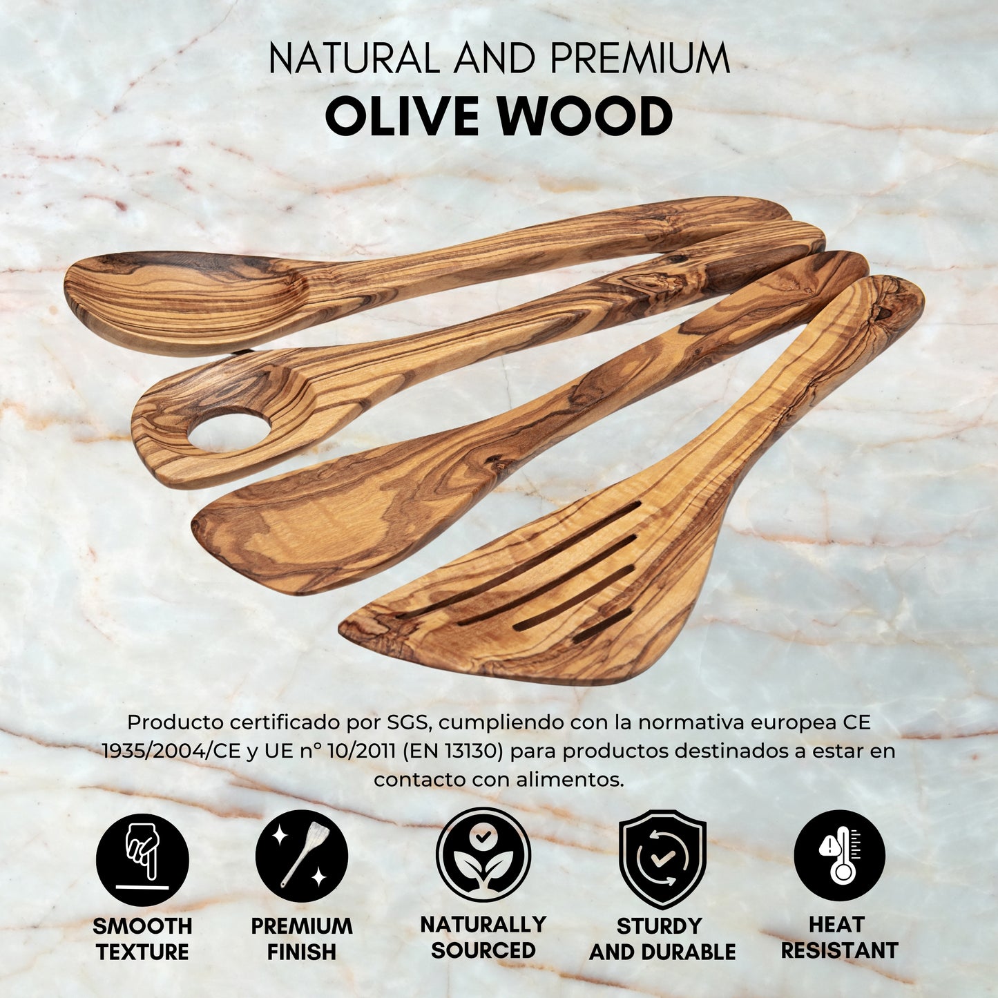 Juego de Utensilios de Cocina en Madera de Olivo Natural, set artesanal de 4 piezas, cuchara y espátulas, diseño mediterráneo hecho a mano