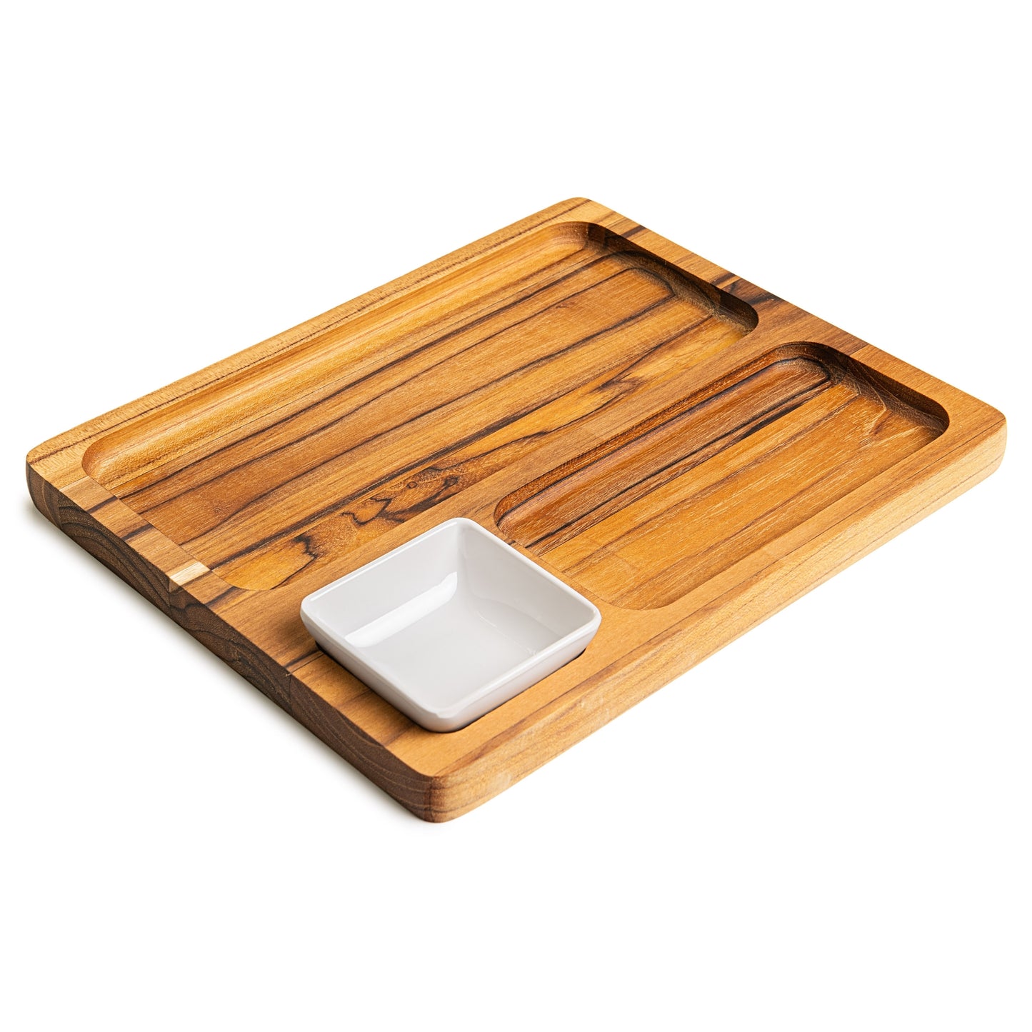 NEW ARRIVAL Bandeja para Servir en Madera de Teca Natural GUADALUPE, rectangular y resistente, con 3 compartimientos y cuenco para salsas, ideal para carnes, pollo, embutidos y tapas (28×23×3.4 cm)