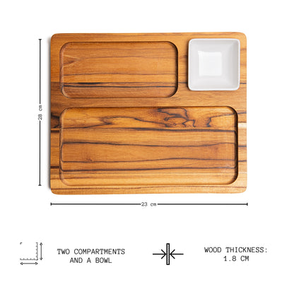 NEW ARRIVAL Bandeja para Servir en Madera de Teca Natural GUADALUPE, rectangular y resistente, con 3 compartimientos y cuenco para salsas, ideal para carnes, pollo, embutidos y tapas (28×23×3.4 cm)