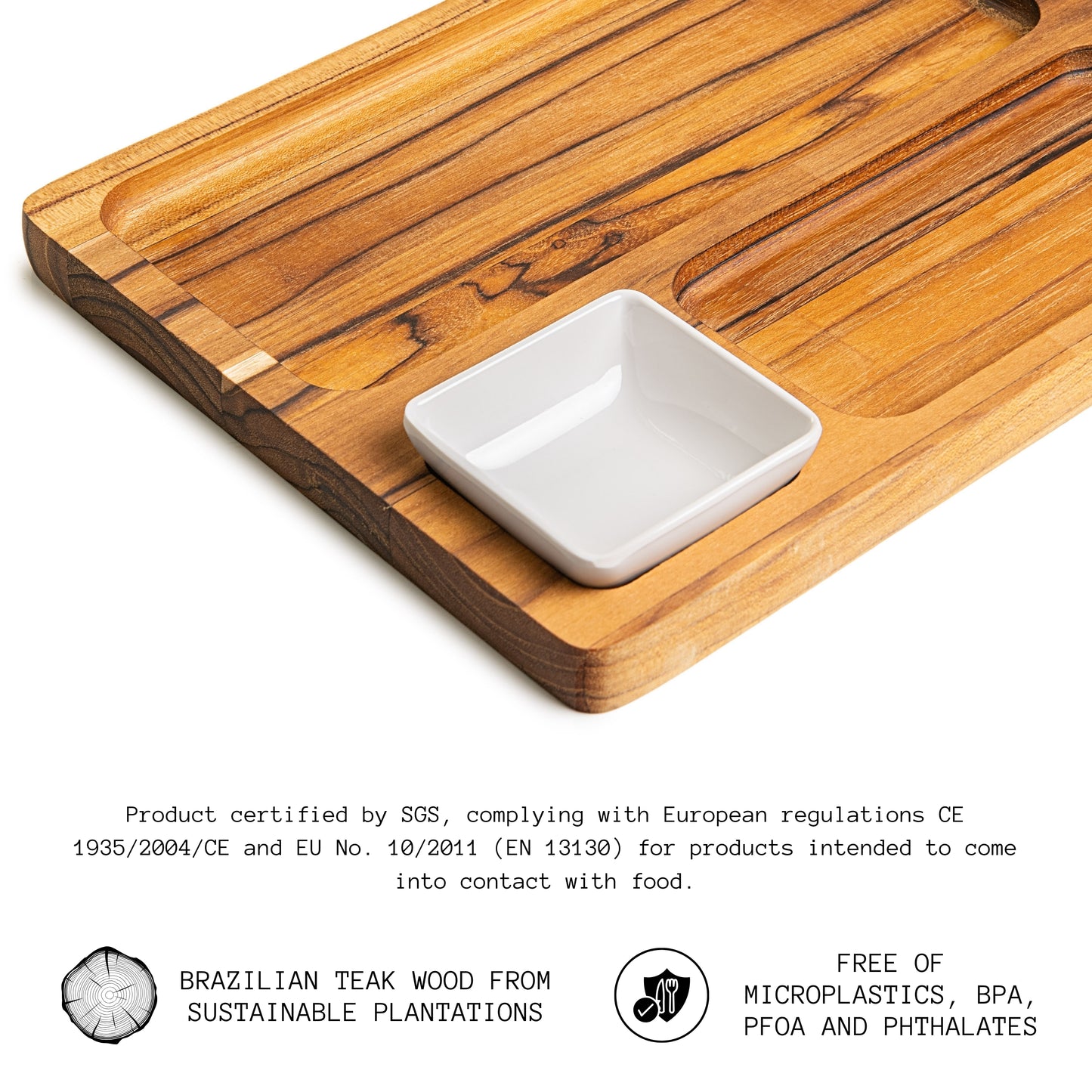 NEW ARRIVAL Bandeja para Servir en Madera de Teca Natural GUADALUPE, rectangular y resistente, con 3 compartimientos y cuenco para salsas, ideal para carnes, pollo, embutidos y tapas (28×23×3.4 cm)