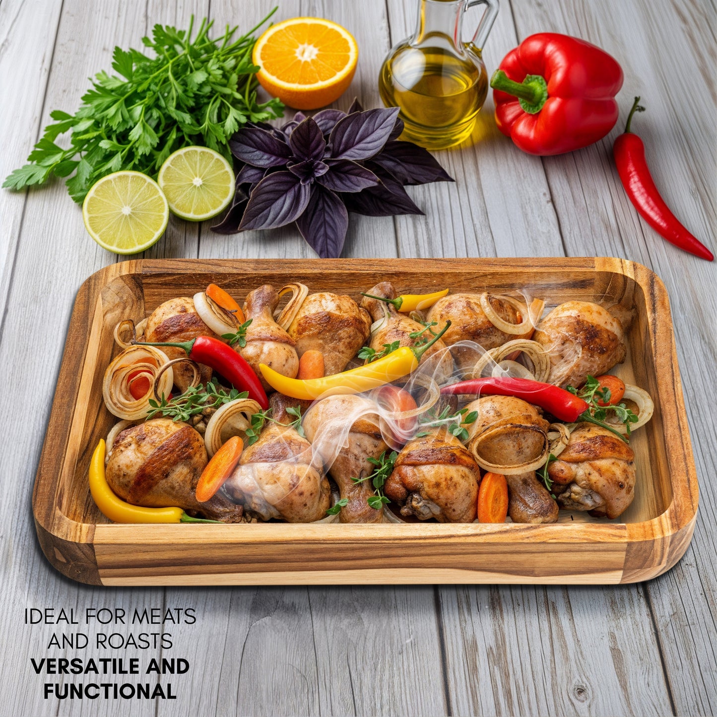 NEW ARRIVAL Bandeja para Servir en Madera de Teca Natural SICILIA, rectangular grande y resistente, ideal para carnes, pollo, pescados y barbacoa (39.5×26×5 cm)