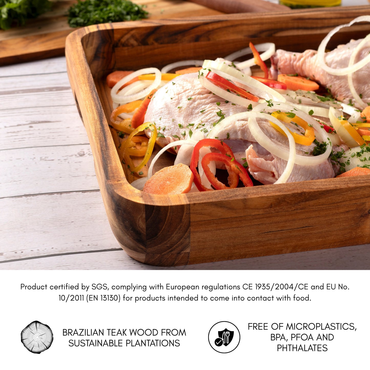 NEW ARRIVAL Bandeja para Servir en Madera de Teca Natural SICILIA, rectangular grande y resistente, ideal para carnes, pollo, pescados y barbacoa (39.5×26×5 cm)