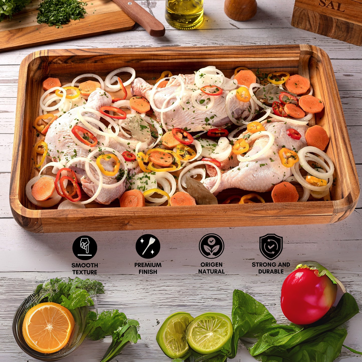 NEW ARRIVAL Bandeja para Servir en Madera de Teca Natural SICILIA, rectangular grande y resistente, ideal para carnes, pollo, pescados y barbacoa (39.5×26×5 cm)