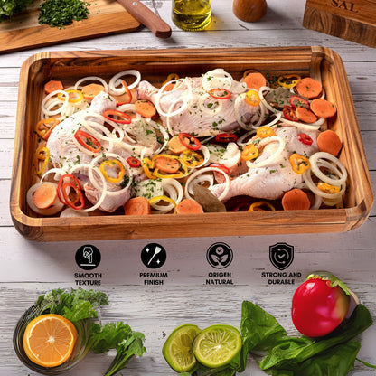 NEW ARRIVAL Bandeja para Servir en Madera de Teca Natural SICILIA, rectangular grande y resistente, ideal para carnes, pollo, pescados y barbacoa (39.5×26×5 cm)