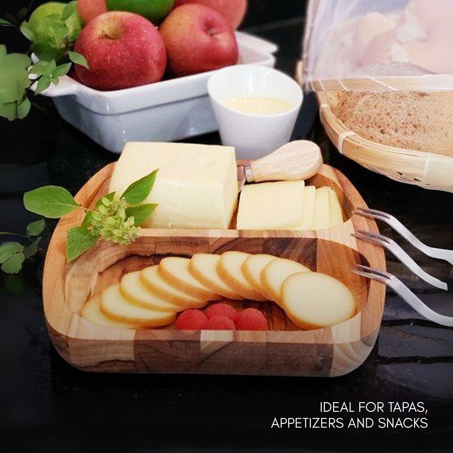 NEW ARRIVAL Bandeja para Servir en Madera de Teca Natural PALERMO, rectangular y resistente, con 2 compartimientos y cuenco para salsas, ideal para carnes, pollo, embutidos y tapas (24.5×21.5×2.4 cm)