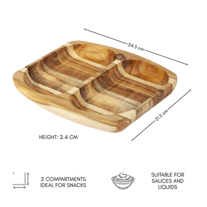 NEW ARRIVAL Bandeja para Servir en Madera de Teca Natural PALERMO, rectangular y resistente, con 2 compartimientos y cuenco para salsas, ideal para carnes, pollo, embutidos y tapas (24.5×21.5×2.4 cm)
