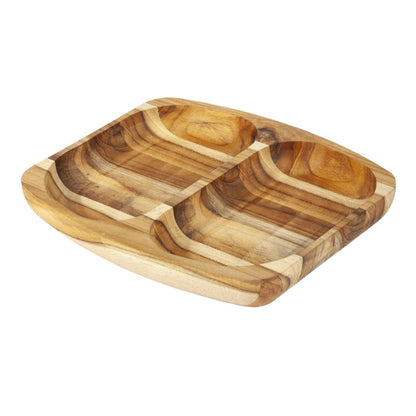 NEW ARRIVAL Bandeja para Servir en Madera de Teca Natural PALERMO, rectangular y resistente, con 2 compartimientos y cuenco para salsas, ideal para carnes, pollo, embutidos y tapas (24.5×21.5×2.4 cm)
