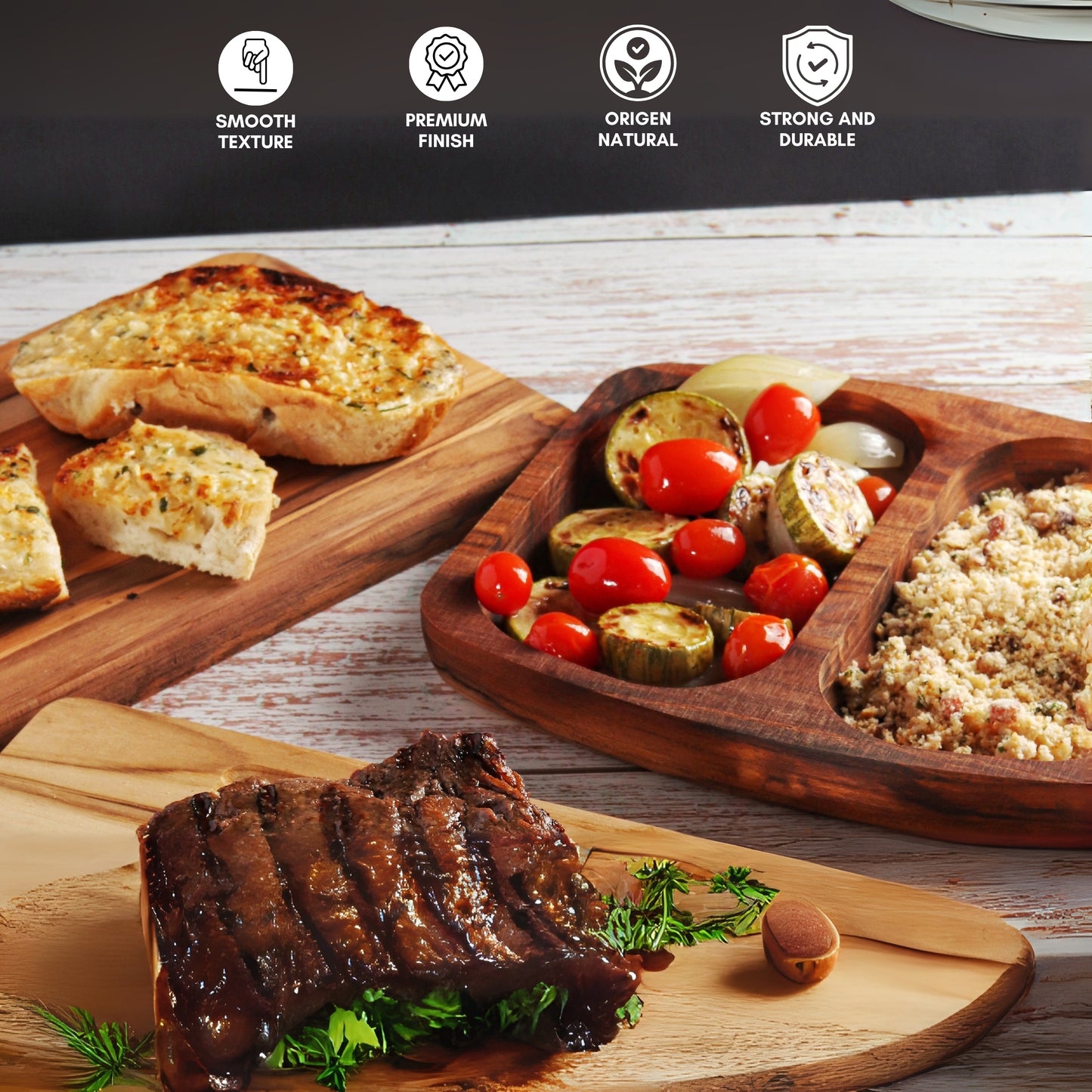 NEW ARRIVAL Bandeja para Servir en Madera de Teca Natural PALERMO, rectangular y resistente, con 2 compartimientos y cuenco para salsas, ideal para carnes, pollo, embutidos y tapas (24.5×21.5×2.4 cm)