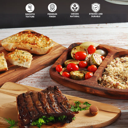 NEW ARRIVAL Bandeja para Servir en Madera de Teca Natural PALERMO, rectangular y resistente, con 2 compartimientos y cuenco para salsas, ideal para carnes, pollo, embutidos y tapas (24.5×21.5×2.4 cm)
