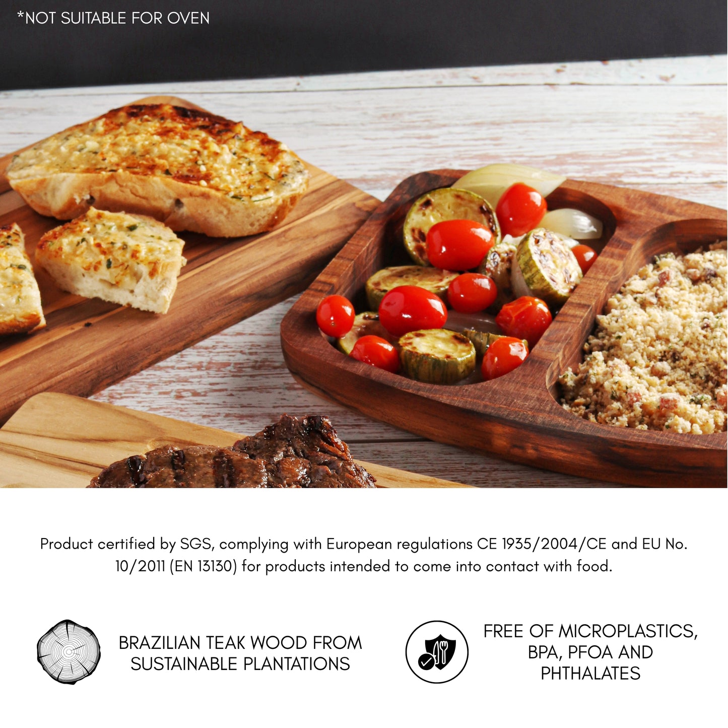 NEW ARRIVAL Bandeja para Servir en Madera de Teca Natural PALERMO, rectangular y resistente, con 2 compartimientos y cuenco para salsas, ideal para carnes, pollo, embutidos y tapas (24.5×21.5×2.4 cm)