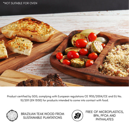 NEW ARRIVAL Bandeja para Servir en Madera de Teca Natural PALERMO, rectangular y resistente, con 2 compartimientos y cuenco para salsas, ideal para carnes, pollo, embutidos y tapas (24.5×21.5×2.4 cm)