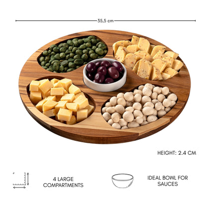 Bandeja para Servir en Madera de Teca Natural MARTINICA, resistente, con 4 compartimientos y cuenco para salsas, ideal para carnes, pollo, embutidos y tapas (35.5×35.5×2.4 cm)