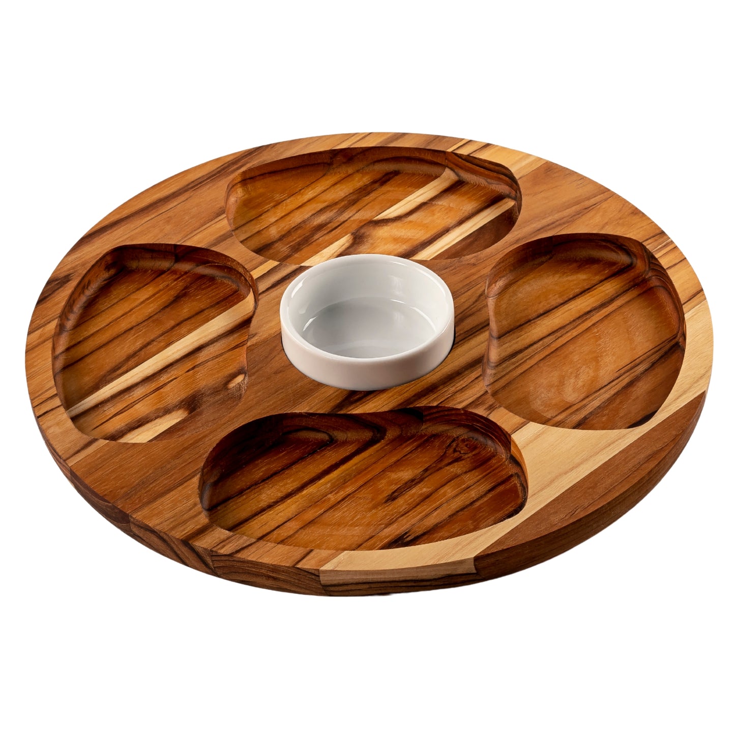 Bandeja para Servir en Madera de Teca Natural MARTINICA, resistente, con 4 compartimientos y cuenco para salsas, ideal para carnes, pollo, embutidos y tapas (35.5×35.5×2.4 cm)