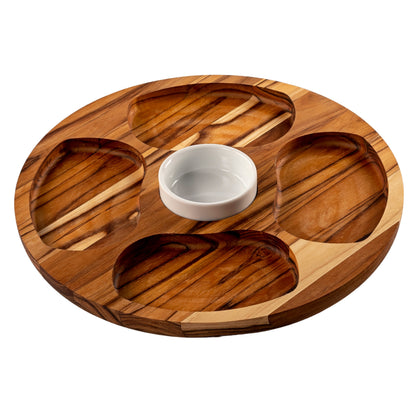 Bandeja para Servir en Madera de Teca Natural MARTINICA, resistente, con 4 compartimientos y cuenco para salsas, ideal para carnes, pollo, embutidos y tapas (35.5×35.5×2.4 cm)