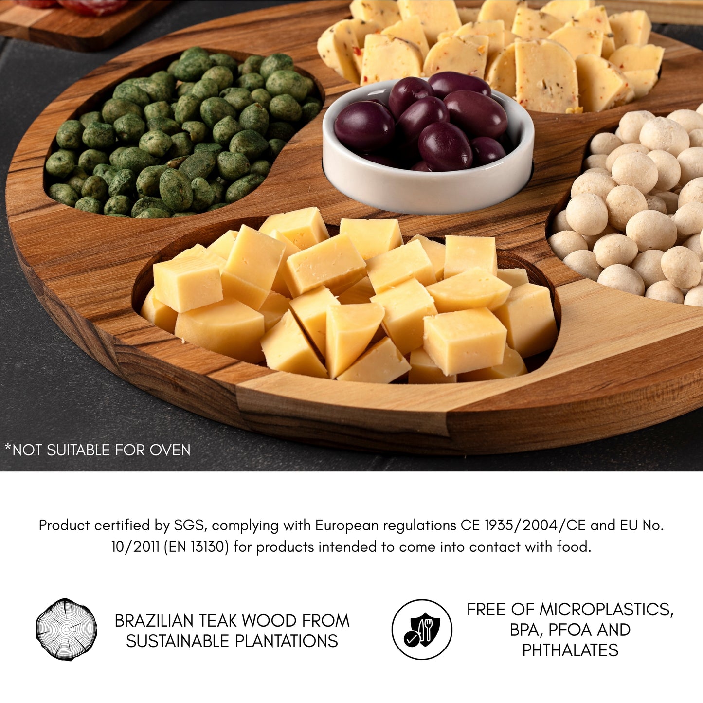 Bandeja para Servir en Madera de Teca Natural MARTINICA, resistente, con 4 compartimientos y cuenco para salsas, ideal para carnes, pollo, embutidos y tapas (35.5×35.5×2.4 cm)