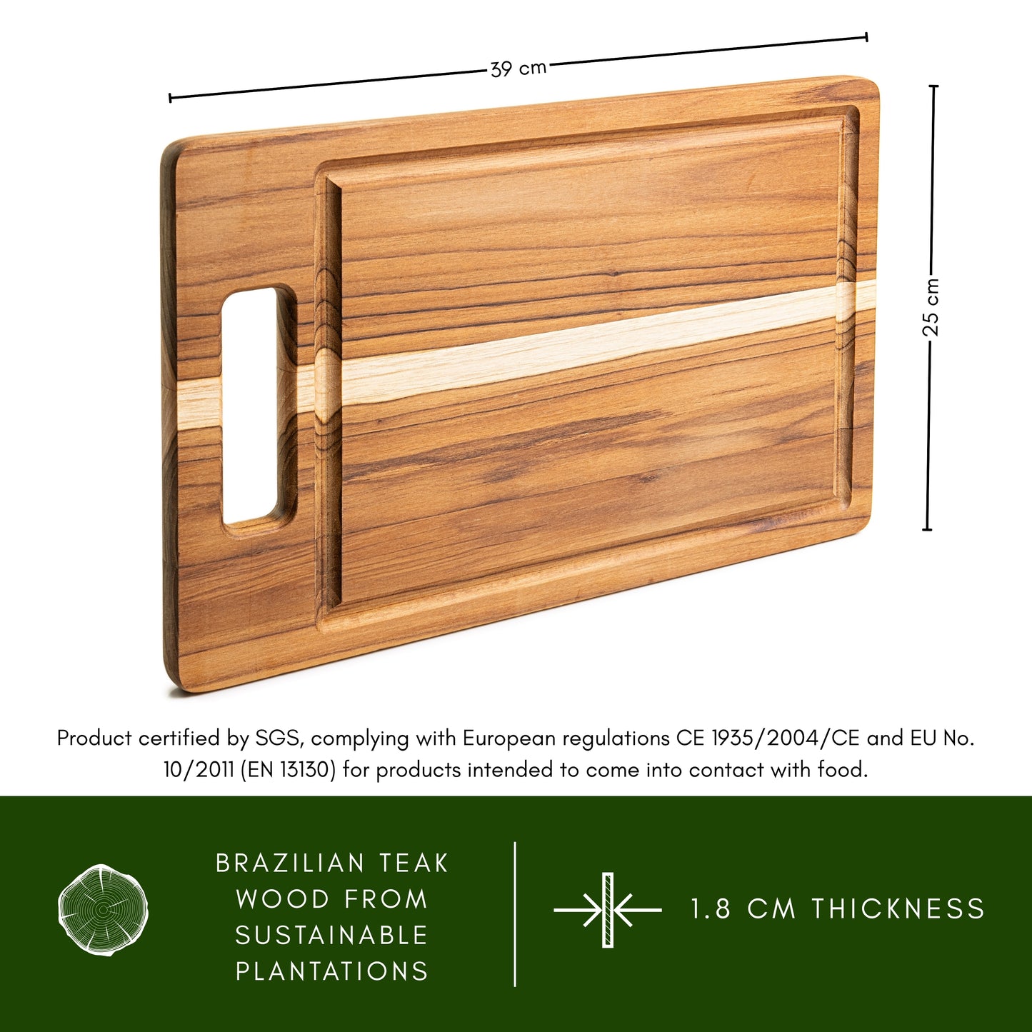 NEW ARRIVAL Tabla de Cortar en Madera de Teca Natural FORTALEZA, diseño Herringbone, ideal para cortar y servir carne, pan y embutidos, con ranura para jugos (40.5×30.5×2 cm)