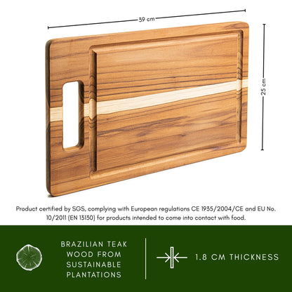 NEW ARRIVAL Tabla de Cortar en Madera de Teca Natural FORTALEZA, diseño Herringbone, ideal para cortar y servir carne, pan y embutidos, con ranura para jugos (40.5×30.5×2 cm)