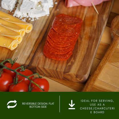 NEW ARRIVAL Tabla de Cortar en Madera de Teca Natural FORTALEZA, diseño Herringbone, ideal para cortar y servir carne, pan y embutidos, con ranura para jugos (40.5×30.5×2 cm)