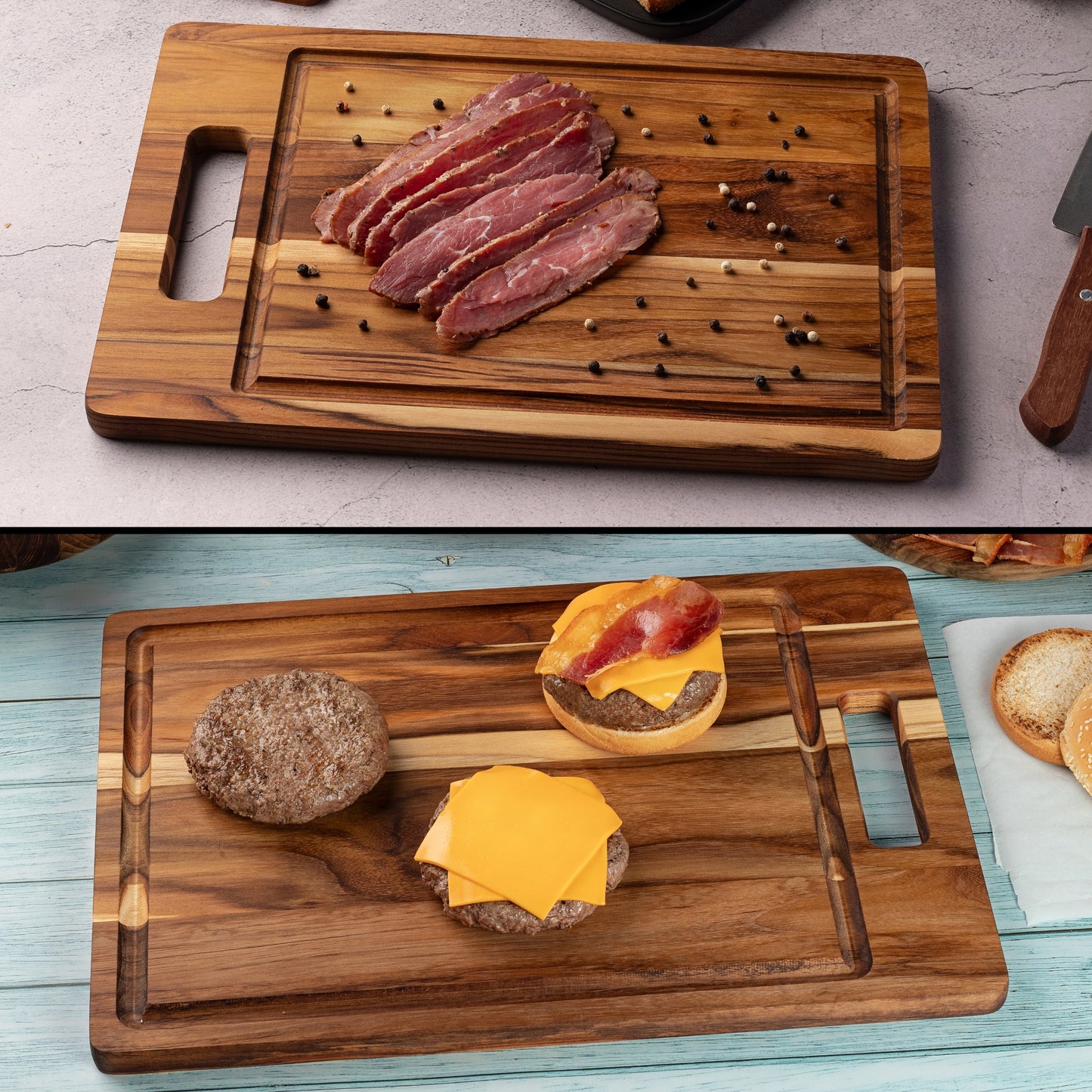 NEW ARRIVAL Tabla de Cortar en Madera de Teca Natural FORTALEZA, diseño Herringbone, ideal para cortar y servir carne, pan y embutidos, con ranura para jugos (40.5×30.5×2 cm)