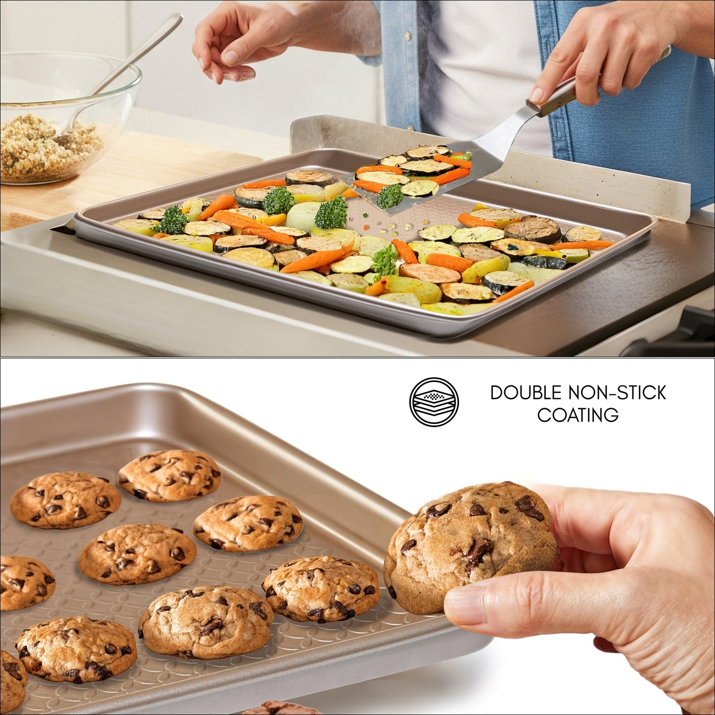 Set di teglie da forno con griglia, acciaio al carbonio 0,8 mm, doppio rivestimento antiaderente, ideale per pasticceria e arrosti, 40×27 cm