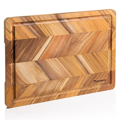 Tabla de Cortar en Madera de Teca Natural, diseño Herringbone, ideal para cortar y servir carne, pan y embutidos, 40.5×30.5×2 cm, con ranura para jugos