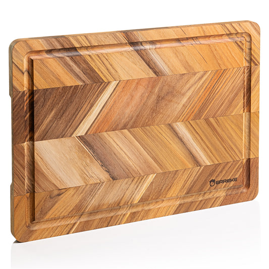 Tabla de Cortar en Madera de Teca Natural, diseño Herringbone, ideal para cortar y servir carne, pan y embutidos, 40.5×30.5×2 cm, con ranura para jugos