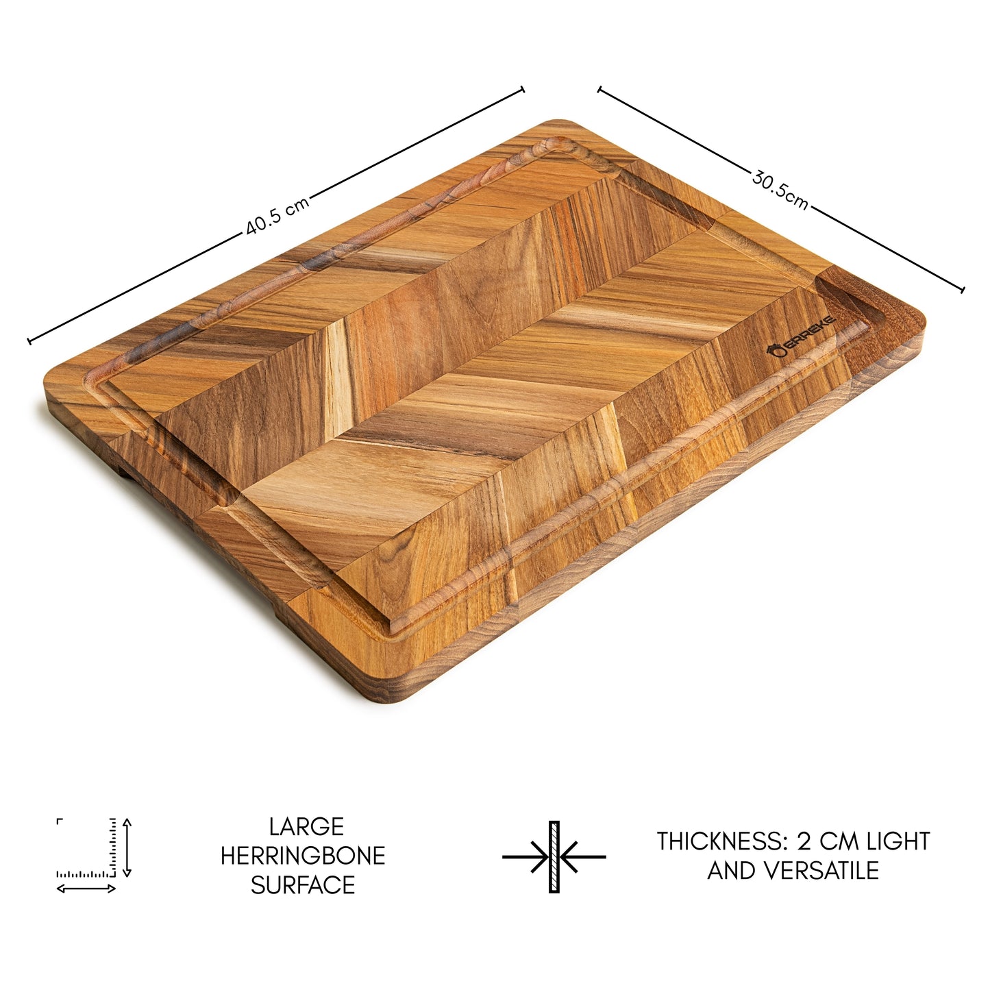 Tabla de Cortar en Madera de Teca Natural, diseño Herringbone, ideal para cortar y servir carne, pan y embutidos, 40.5×30.5×2 cm, con ranura para jugos