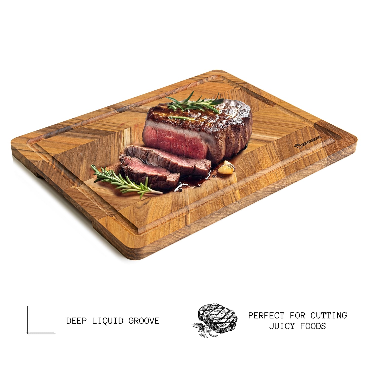 Tabla de Cortar en Madera de Teca Natural, diseño Herringbone, ideal para cortar y servir carne, pan y embutidos, 40.5×30.5×2 cm, con ranura para jugos