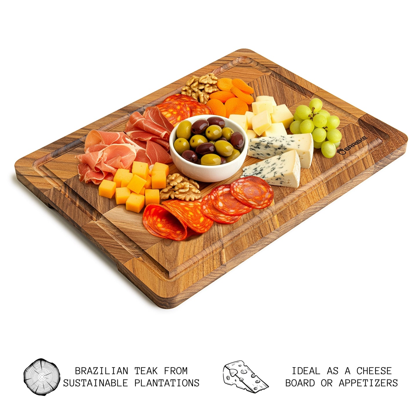 Tabla de Cortar en Madera de Teca Natural, diseño Herringbone, ideal para cortar y servir carne, pan y embutidos, 40.5×30.5×2 cm, con ranura para jugos