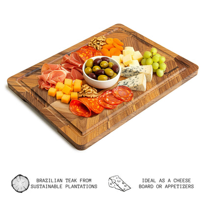 Tabla de Cortar en Madera de Teca Natural, diseño Herringbone, ideal para cortar y servir carne, pan y embutidos, 40.5×30.5×2 cm, con ranura para jugos
