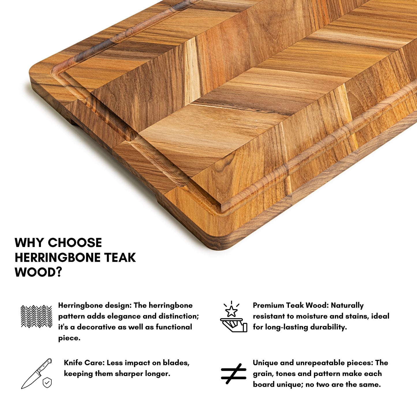 Tabla de Cortar en Madera de Teca Natural, diseño Herringbone, ideal para cortar y servir carne, pan y embutidos, 40.5×30.5×2 cm, con ranura para jugos
