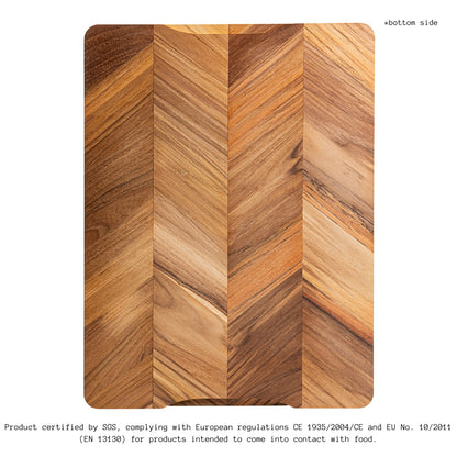 Tabla de Cortar en Madera de Teca Natural, diseño Herringbone, ideal para cortar y servir carne, pan y embutidos, 40.5×30.5×2 cm, con ranura para jugos