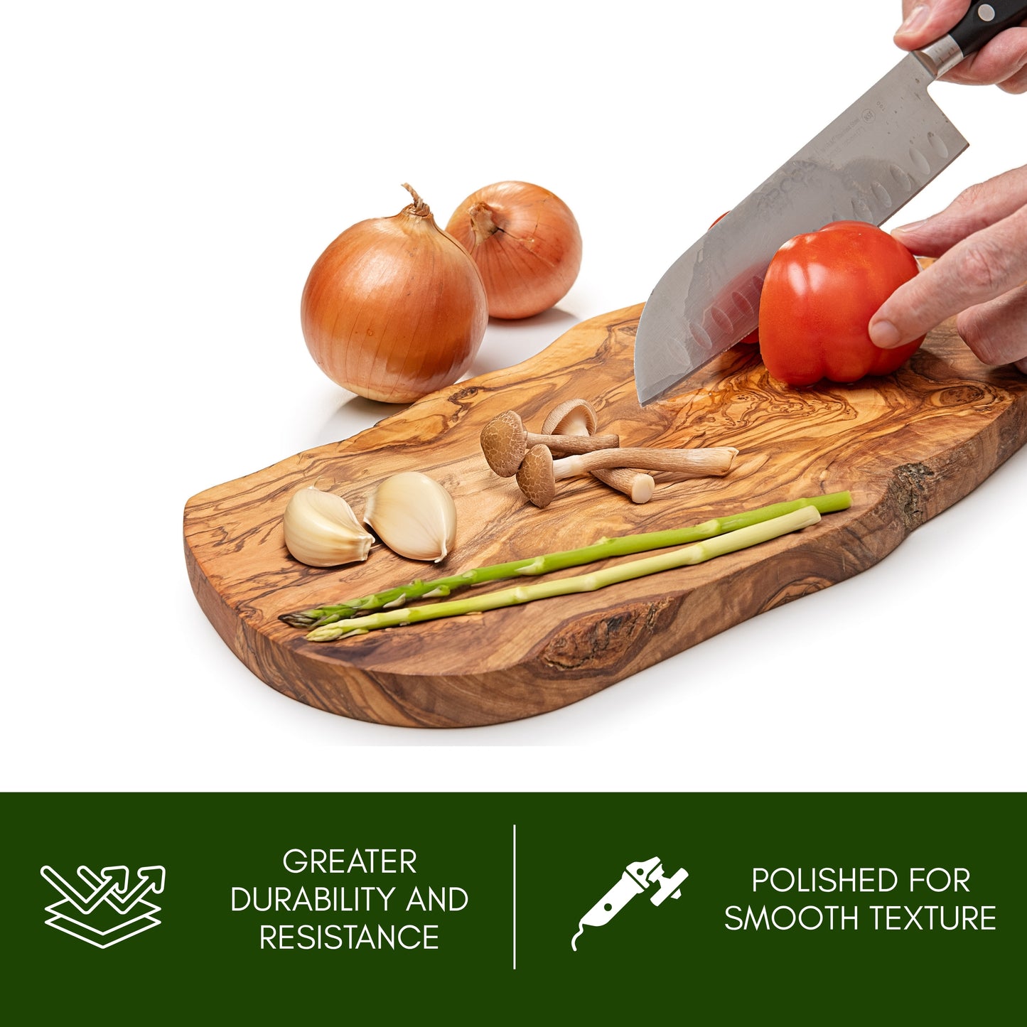 NEW ARRIVAL Tabla de Cortar ATENAS en Madera de Olivo Natural, diseño rústico artesanal para cortar y servir carne, pan, quesos y aperitivos, 43×21 cm