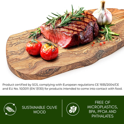 NEW ARRIVAL Tabla de Cortar ATENAS en Madera de Olivo Natural, diseño rústico artesanal para cortar y servir carne, pan, quesos y aperitivos, 43×21 cm