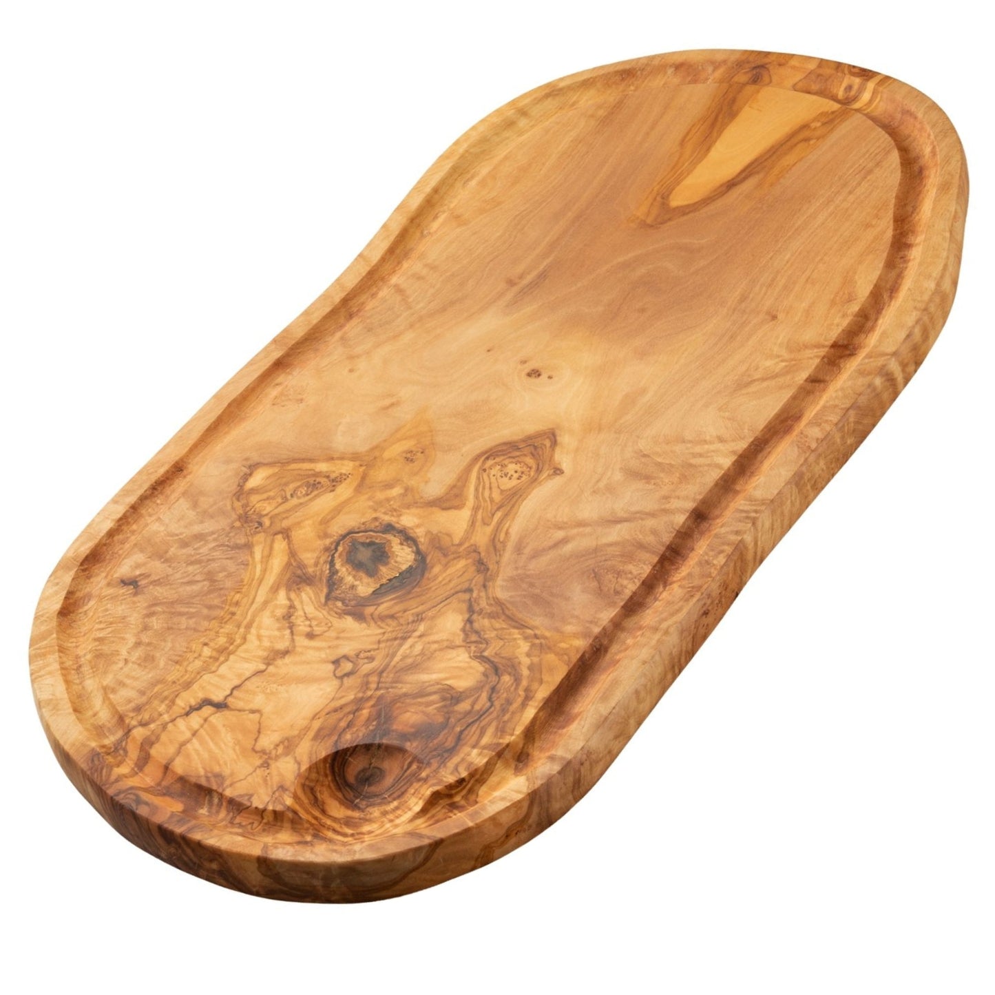 NEW ARRIVAL Tabla de Cortar y Servir en Madera Olivo Mediterráneo BUDAPEST, 100% artesanal, con ranura para líquidos, Embutidos, Carne, Barbacoa, Queso, Pan (43×21 cm)