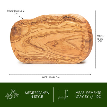 NEW ARRIVAL Tabla de Cortar y Servir en Madera Olivo Mediterráneo BUDAPEST, 100% artesanal, con ranura para líquidos, Embutidos, Carne, Barbacoa, Queso, Pan (43×21 cm)